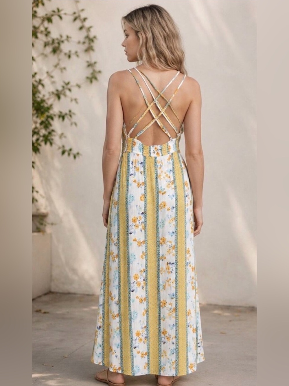 Promesa Floral Border Print Maxi Dress Crisscross Back Side Slit Boho Small
